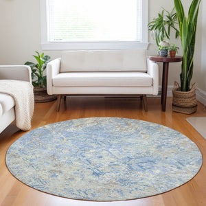 HomeRoots 8' Sky Blue Gray & Ivory Diamond Round Rug - Washable, UV-Protected & Stain-Resistant for Homes! 664443