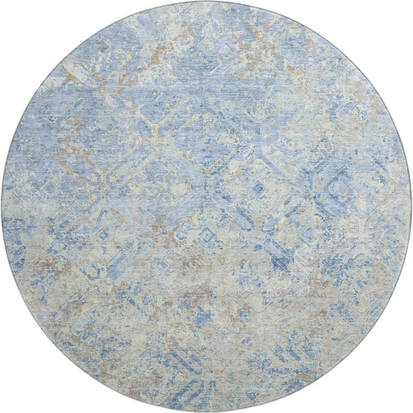HomeRoots 8' Sky Blue Gray & Ivory Diamond Round Rug - Washable, UV-Protected & Stain-Resistant for Homes! 664443