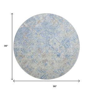 HomeRoots 8' Sky Blue Gray & Ivory Diamond Round Rug - Washable, UV-Protected & Stain-Resistant for Homes! 664443