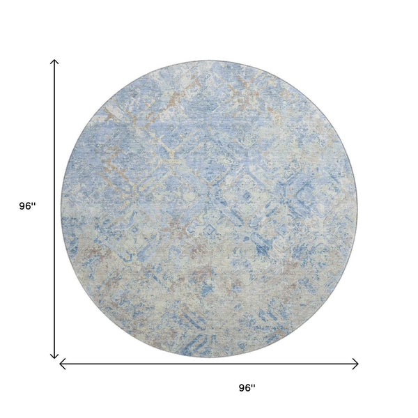 HomeRoots 8' Sky Blue Gray & Ivory Diamond Round Rug - Washable, UV-Protected & Stain-Resistant for Homes! 664443