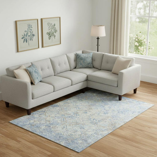 HomeRoots 9' X 12' Stylish Sky Blue Gray Ivory Diamond Area Rug - Washable, UV Protected, & Pet Friendly! 664445