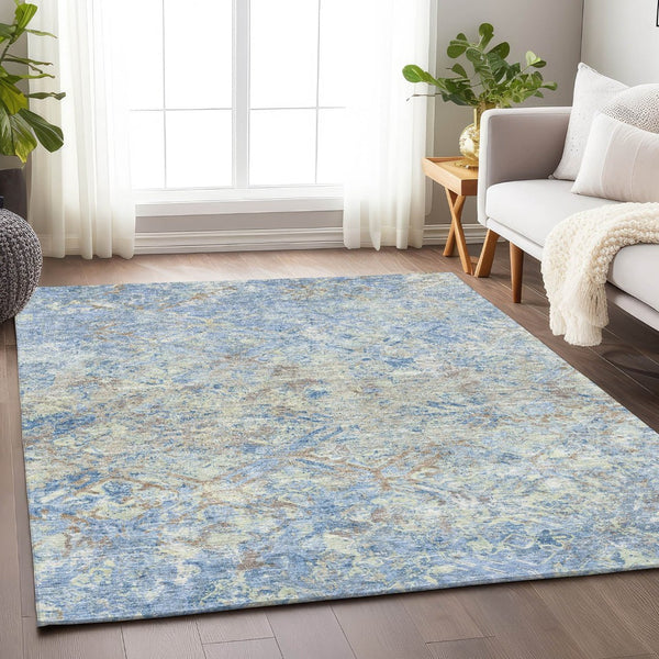 HomeRoots 9' X 12' Stylish Sky Blue Gray Ivory Diamond Area Rug - Washable, UV Protected, & Pet Friendly! 664445