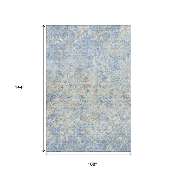 HomeRoots 9' X 12' Stylish Sky Blue Gray Ivory Diamond Area Rug - Washable, UV Protected, & Pet Friendly! 664445