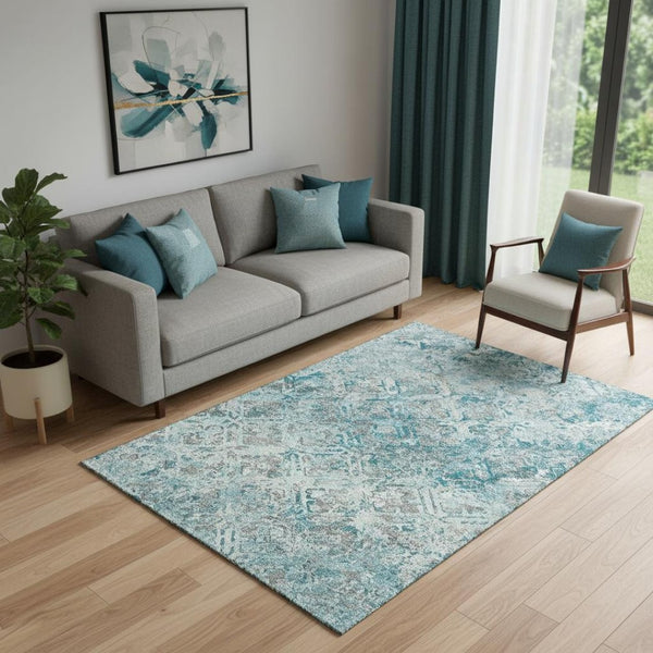 HomeRoots 5' X 8' Teal Gray Ivory Diamond Area Rug - Washable, UV Protected, Stain Resistant for Busy Homes 664448