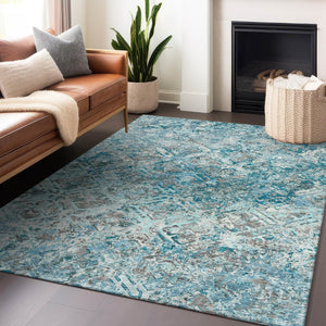 HomeRoots 5' X 8' Teal Gray Ivory Diamond Area Rug - Washable, UV Protected, Stain Resistant for Busy Homes 664448