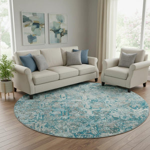HomeRoots 8' Stylish Teal Gray & Ivory Diamond Washable Rug – Durable, UV Protected for Active Homes & Patios 664449