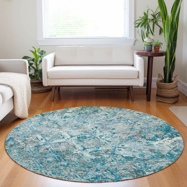 HomeRoots 8' Stylish Teal Gray & Ivory Diamond Washable Rug – Durable, UV Protected for Active Homes & Patios 664449