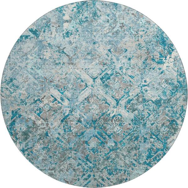 HomeRoots 8' Stylish Teal Gray & Ivory Diamond Washable Rug – Durable, UV Protected for Active Homes & Patios 664449