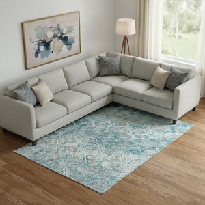 HomeRoots 8' X 10' Stylish Teal Gray Ivory Diamond Area Rug - Washable, UV Protected & Perfect for Families 664450