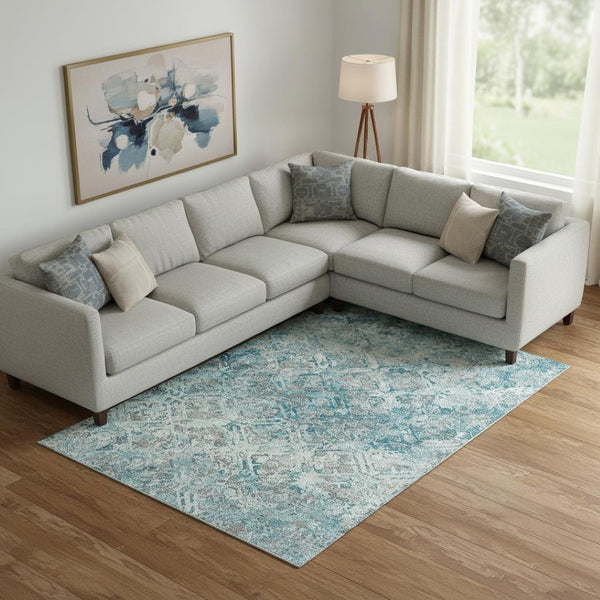 HomeRoots 8' X 10' Stylish Teal Gray Ivory Diamond Area Rug - Washable, UV Protected & Perfect for Families 664450