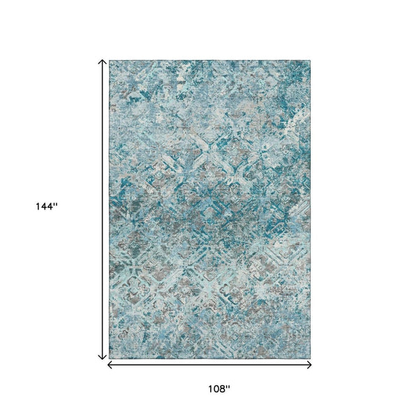 HomeRoots 9' X 12' Teal Gray Ivory Diamond Washable Area Rug - Durable, Stylish, UV Protected for High-Traffic Spaces 664451