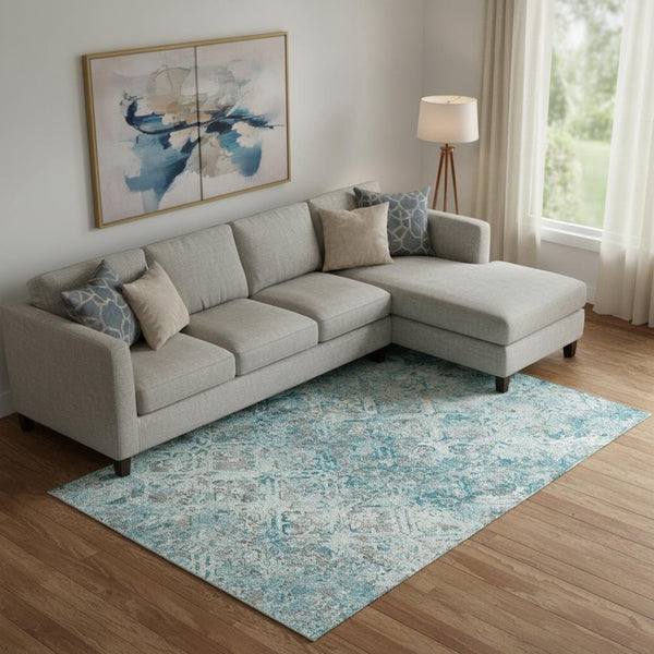 HomeRoots 9' X 12' Teal Gray Ivory Diamond Washable Area Rug - Durable, Stylish, UV Protected for High-Traffic Spaces 664451
