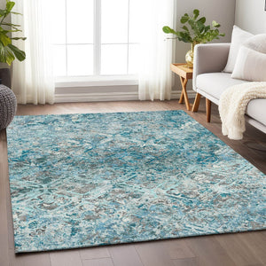 HomeRoots 9' X 12' Teal Gray Ivory Diamond Washable Area Rug - Durable, Stylish, UV Protected for High-Traffic Spaces 664451