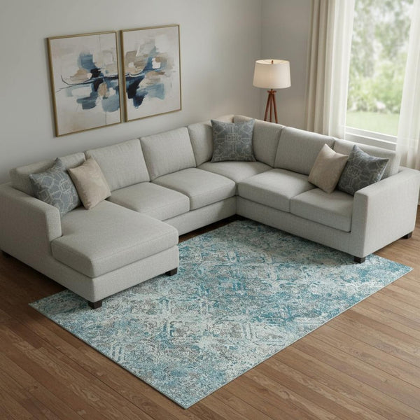 HomeRoots 10' Teal Gray & Ivory Diamond Area Rug - Washable, UV-Protected, Durable, Stylish for Homes with Kids & Pets 664452