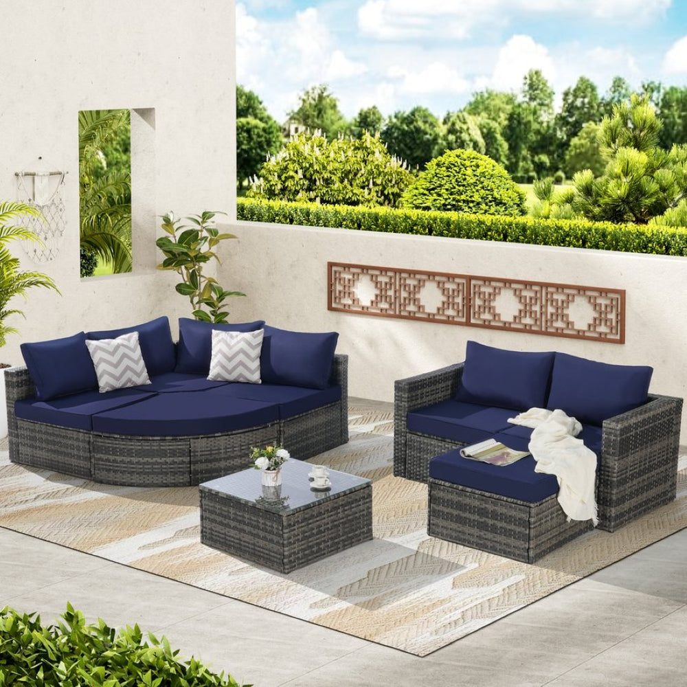 English Elm 8 Piece Outdoor Wicker Sectional Set with Curved Sofa Ottoman and Tempered Glass Table Dark Blue W874S00041
