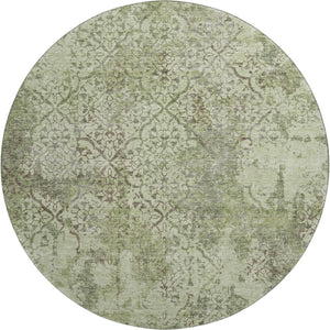 HomeRoots 8' Abstract Round Rug in Artichoke Green, Gray & Taupe - Washable, UV-Protected, Stain-Resistant Design 664461