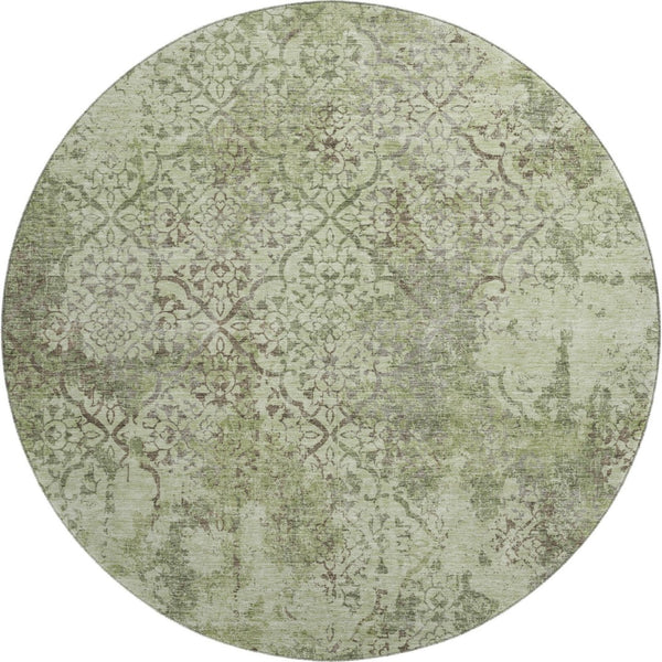 HomeRoots 8' Abstract Round Rug in Artichoke Green, Gray & Taupe - Washable, UV-Protected, Stain-Resistant Design 664461