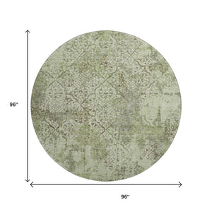 HomeRoots 8' Abstract Round Rug in Artichoke Green, Gray & Taupe - Washable, UV-Protected, Stain-Resistant Design 664461