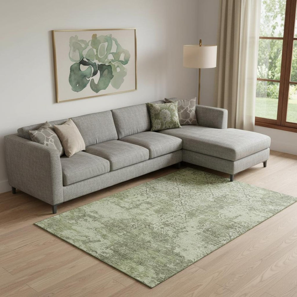HomeRoots 10' X 14' Artichoke Green Abstract Area Rug - Washable, UV Protected, Durable for High-Traffic Spaces 664464