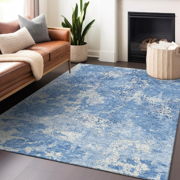 HomeRoots 5' X 8' Blue And Ivory Abstract Washable Area Rug - Stylish, Durable, UV-Protected for Every Space 664466