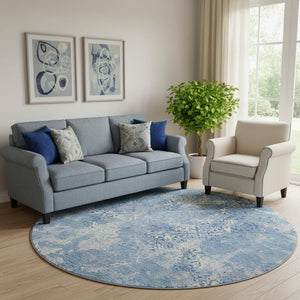 HomeRoots 8' Blue And Ivory Abstract Round Rug - Washable, UV-Protected, Stylish, Durable for High-Traffic Areas 664467