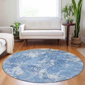 HomeRoots 8' Blue And Ivory Abstract Round Rug - Washable, UV-Protected, Stylish, Durable for High-Traffic Areas 664467