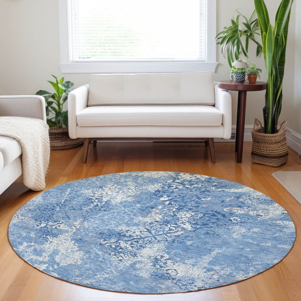 HomeRoots 8' Blue And Ivory Abstract Round Rug - Washable, UV-Protected, Stylish, Durable for High-Traffic Areas 664467