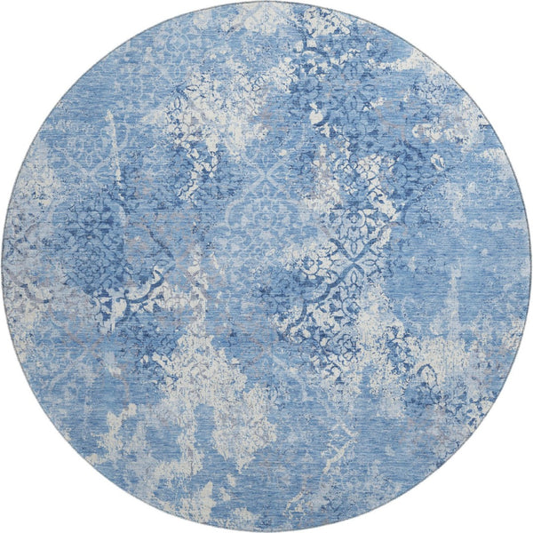 HomeRoots 8' Blue And Ivory Abstract Round Rug - Washable, UV-Protected, Stylish, Durable for High-Traffic Areas 664467