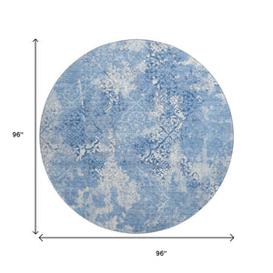 HomeRoots 8' Blue And Ivory Abstract Round Rug - Washable, UV-Protected, Stylish, Durable for High-Traffic Areas 664467