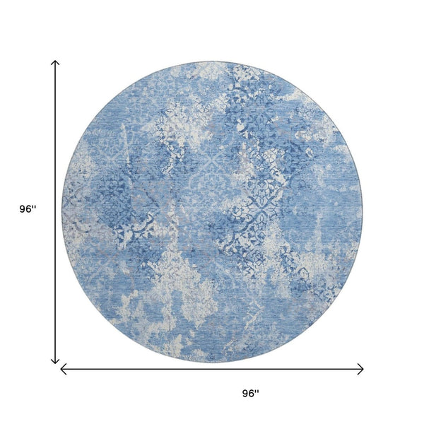 HomeRoots 8' Blue And Ivory Abstract Round Rug - Washable, UV-Protected, Stylish, Durable for High-Traffic Areas 664467