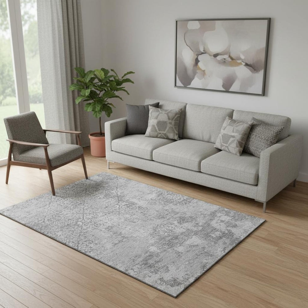 HomeRoots 5' X 8' Gray and Silver Abstract Area Rug – Washable, UV Protected, Durable, Ideal for Active Homes 664496