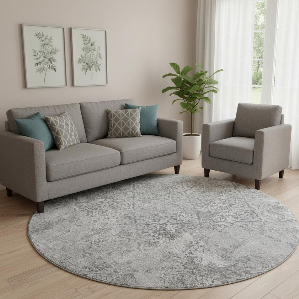 HomeRoots 8' Gray And Silver Abstract Washable Round Rug - UV Protected, Durable, Stylish, Family-Friendly Design 664497