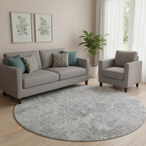 HomeRoots 8' Gray And Silver Abstract Washable Round Rug - UV Protected, Durable, Stylish, Family-Friendly Design 664497