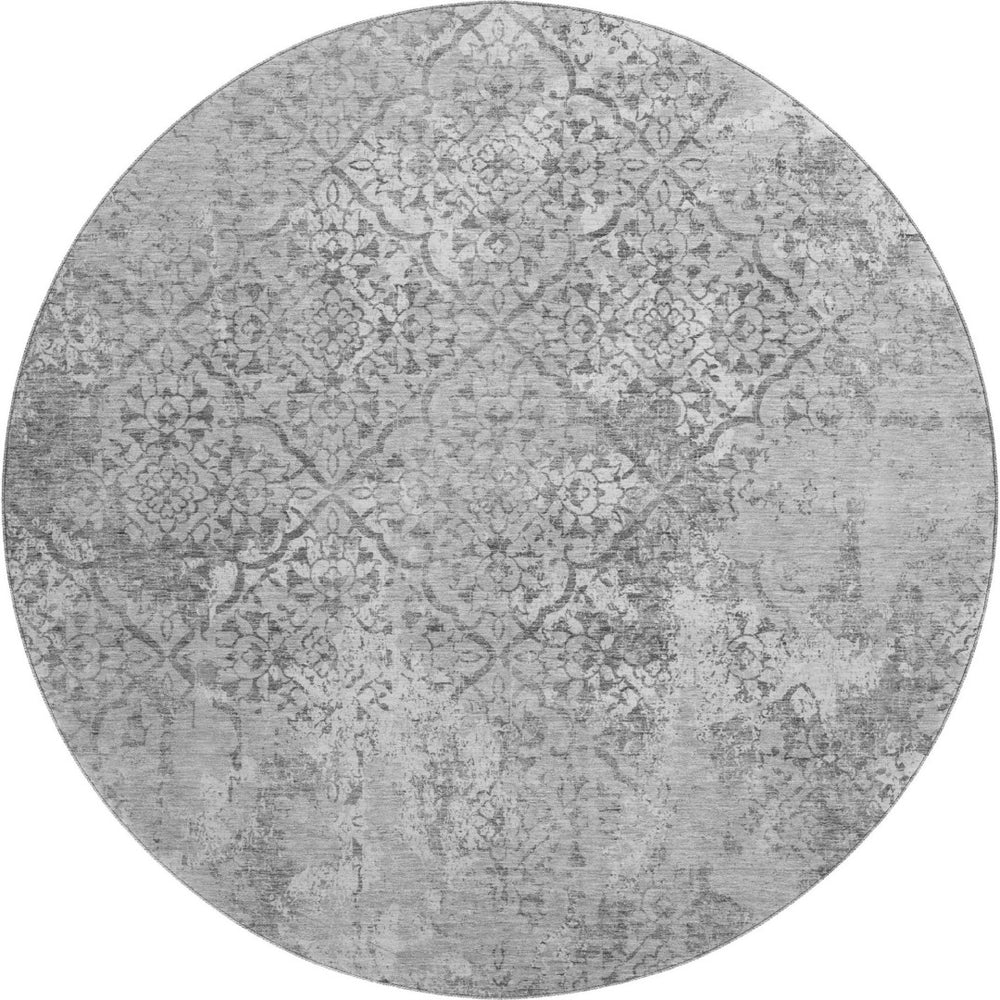 HomeRoots 8' Gray And Silver Abstract Washable Round Rug - UV Protected, Durable, Stylish, Family-Friendly Design 664497
