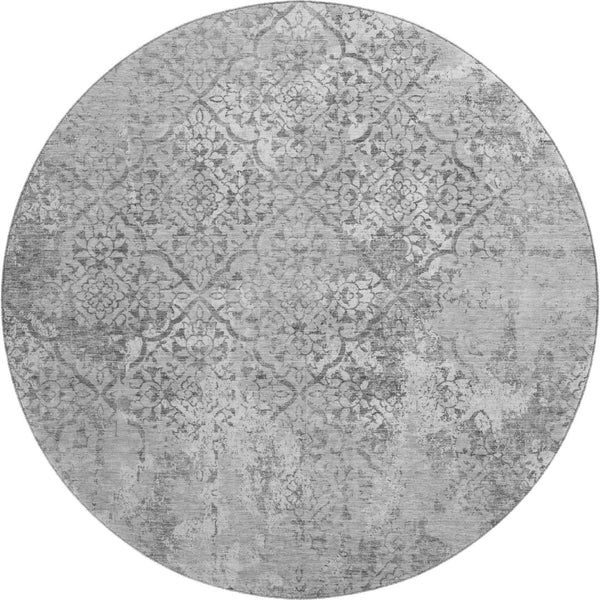 HomeRoots 8' Gray And Silver Abstract Washable Round Rug - UV Protected, Durable, Stylish, Family-Friendly Design 664497