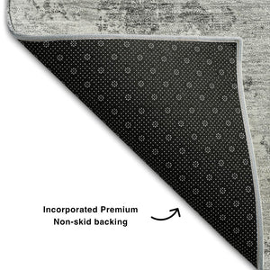 HomeRoots 8' Gray And Silver Abstract Washable Round Rug - UV Protected, Durable, Stylish, Family-Friendly Design 664497