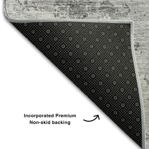 HomeRoots 8' Gray And Silver Abstract Washable Round Rug - UV Protected, Durable, Stylish, Family-Friendly Design 664497