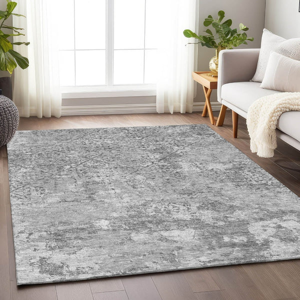 HomeRoots 9' X 12' Gray and Silver Abstract Area Rug - Stylish, Washable, UV-Protected for Modern Living Spaces 664499
