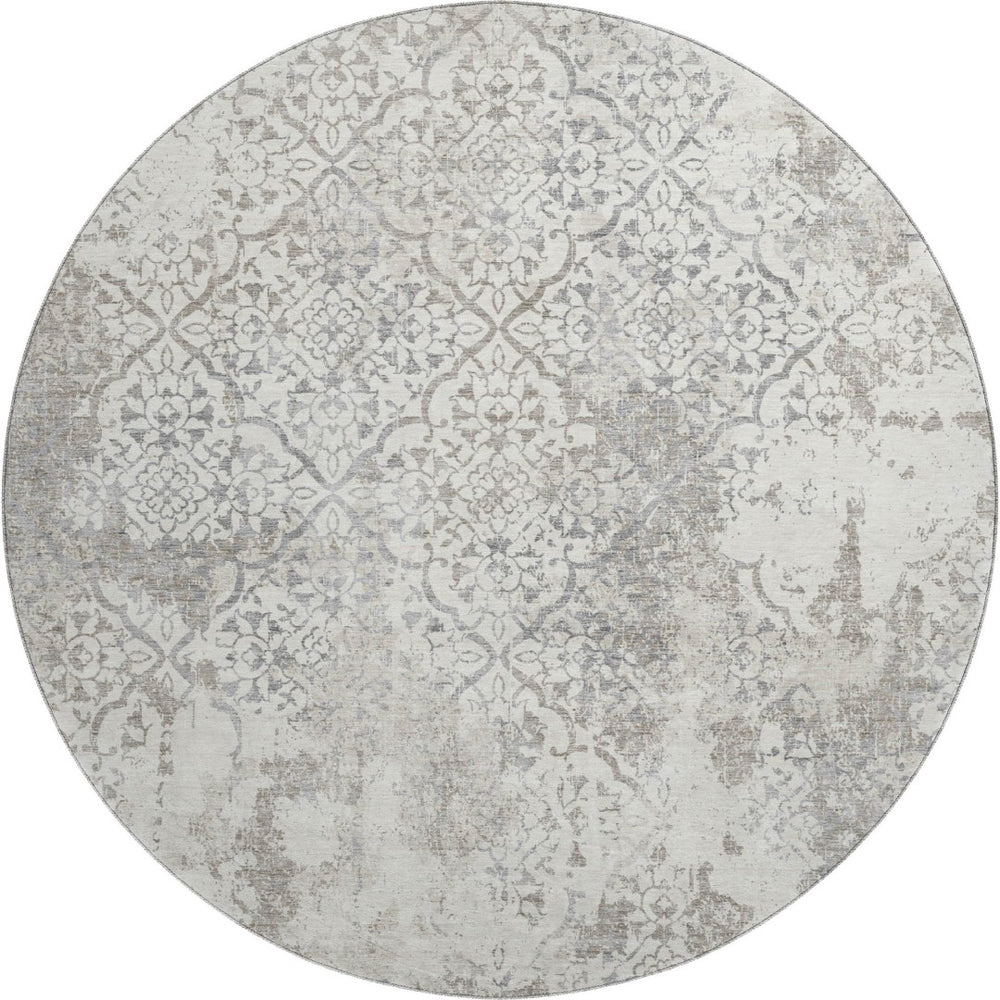 HomeRoots 8' Ivory and Gray Abstract Washable Round Rug - Durable, UV-Protected, Family-Friendly Design for Any Room 664503