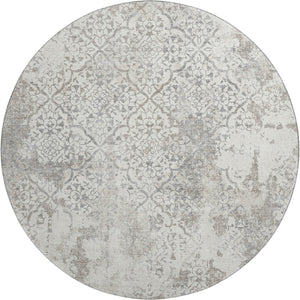HomeRoots 8' Ivory and Gray Abstract Washable Round Rug - Durable, UV-Protected, Family-Friendly Design for Any Room 664503
