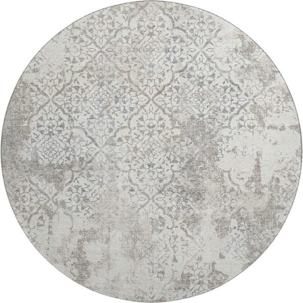 HomeRoots 8' Ivory and Gray Abstract Washable Round Rug - Durable, UV-Protected, Family-Friendly Design for Any Room 664503