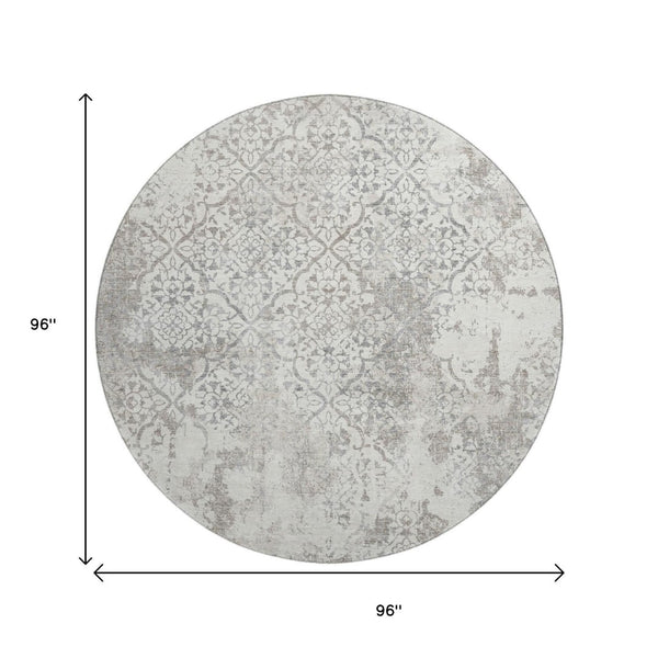 HomeRoots 8' Ivory and Gray Abstract Washable Round Rug - Durable, UV-Protected, Family-Friendly Design for Any Room 664503