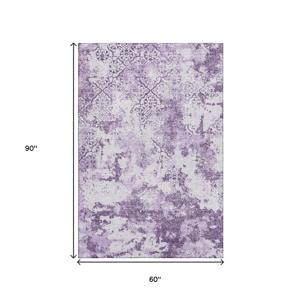 HomeRoots 5' X 8' Abstract Lavender & Ivory Washable Area Rug with UV Protection for Homes with Kids & Pets 664508
