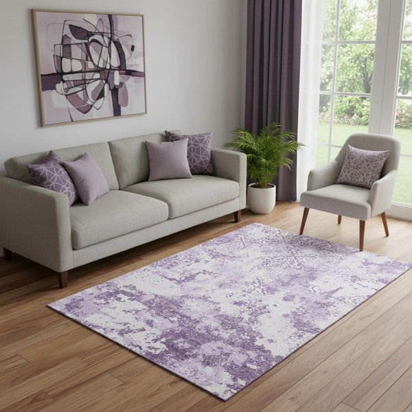 HomeRoots 5' X 8' Abstract Lavender & Ivory Washable Area Rug with UV Protection for Homes with Kids & Pets 664508