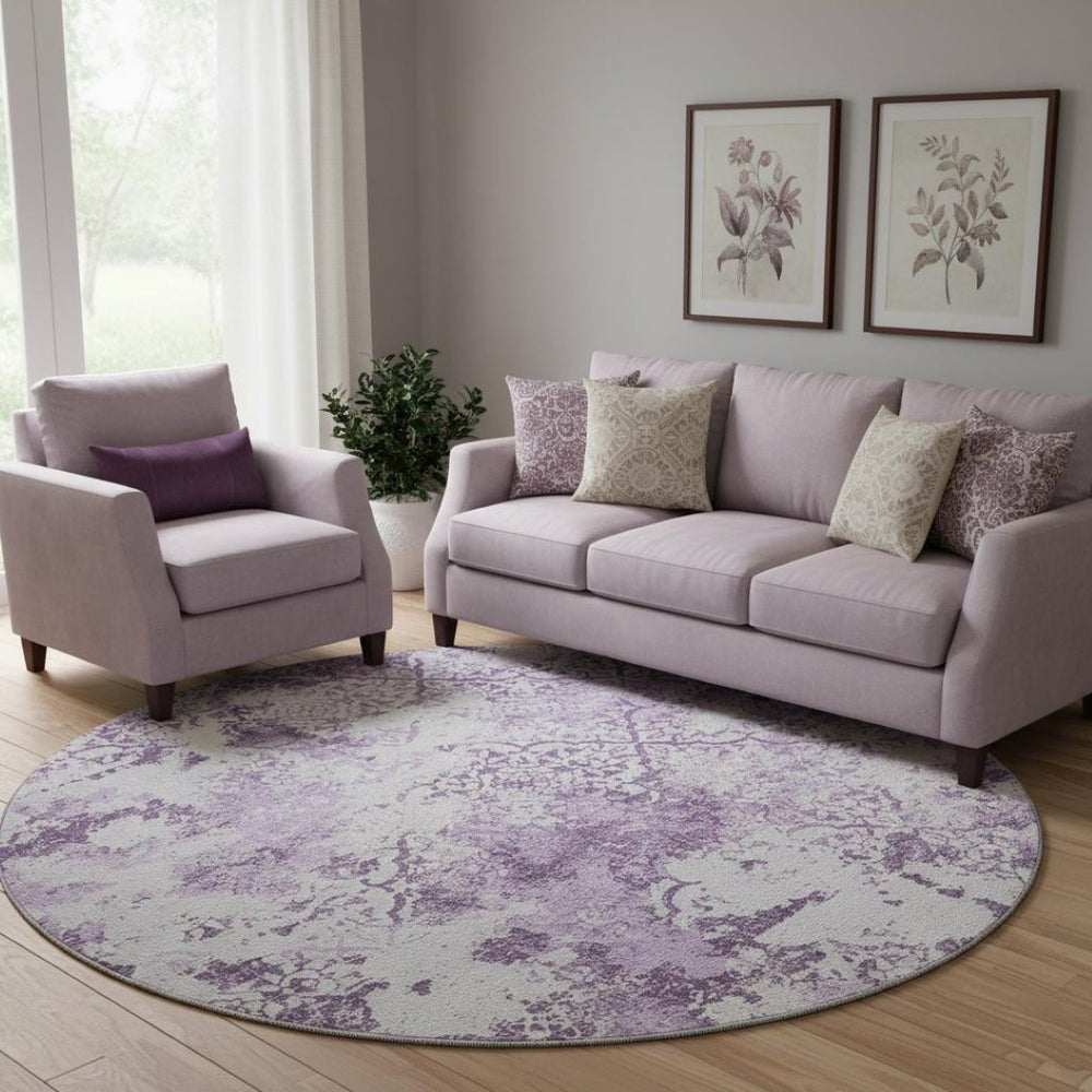 HomeRoots 8' Modern Abstract Lavender & Ivory Round Rug - Washable, UV-Protected, Durable for Busy Homes 664509