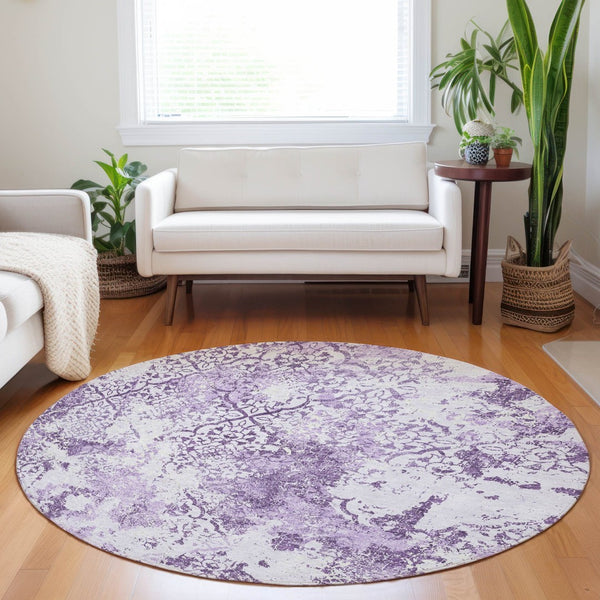 HomeRoots 8' Modern Abstract Lavender & Ivory Round Rug - Washable, UV-Protected, Durable for Busy Homes 664509
