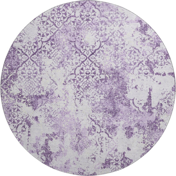 HomeRoots 8' Modern Abstract Lavender & Ivory Round Rug - Washable, UV-Protected, Durable for Busy Homes 664509