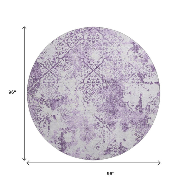 HomeRoots 8' Modern Abstract Lavender & Ivory Round Rug - Washable, UV-Protected, Durable for Busy Homes 664509