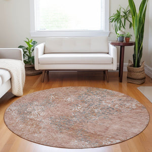 HomeRoots 8' Salmon Gray and Ivory Abstract Round Rug - Washable, Durable Design with UV Protection for Homes 664515