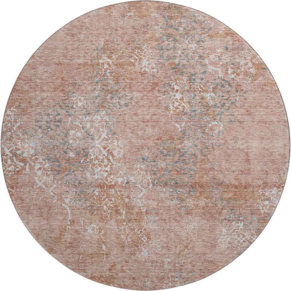 HomeRoots 8' Salmon Gray and Ivory Abstract Round Rug - Washable, Durable Design with UV Protection for Homes 664515